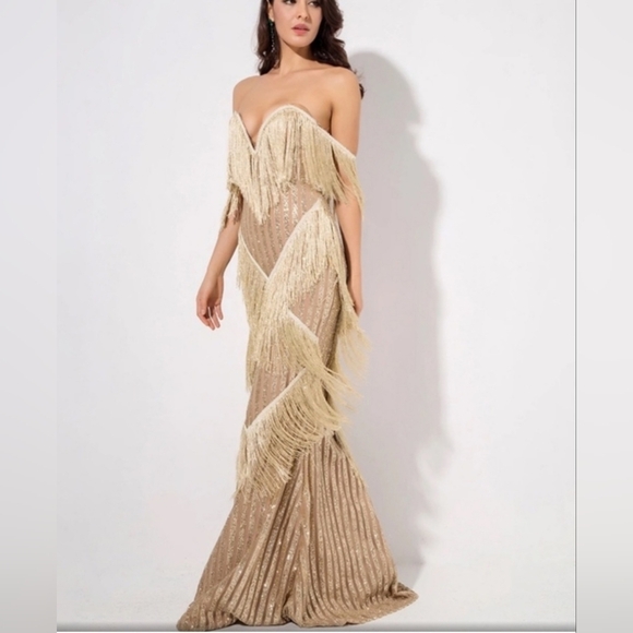 Elegant Beige Fringe Gown - Picture 1 of 11